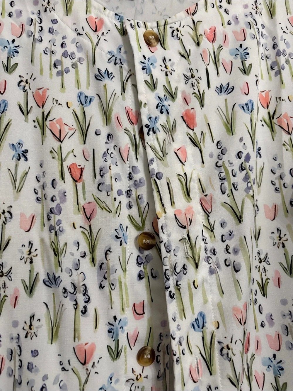 Floral Button-Front Jacket - White with Pink & Blue Tulips